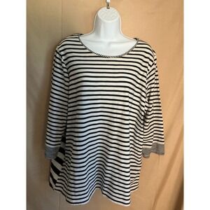 Rafaella Striped Top Womens 2X Black White Excellent 3/4 Sleeve Cotton Tunic